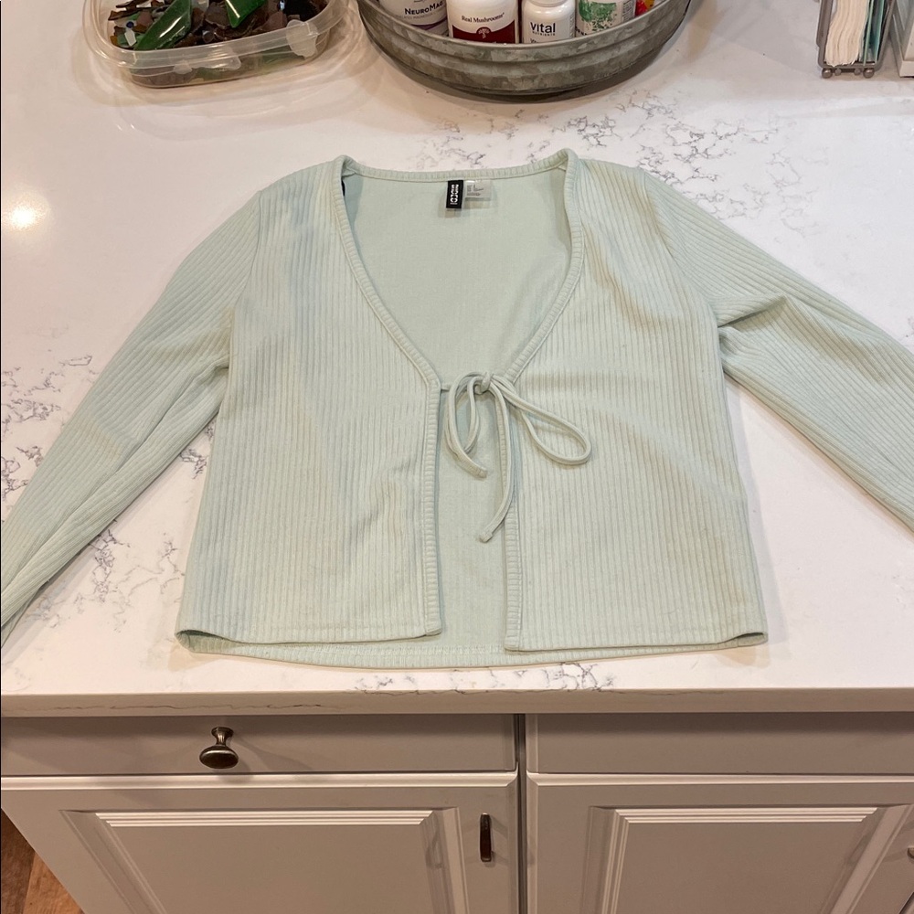 Light Mint Ribbed Tie-Front Cardigan